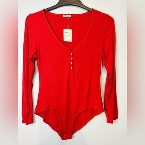 Red Ribbed V-Neck Long-Sleeve Bodysuit
